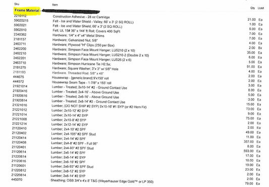 Free Download - Construction Take off List Example